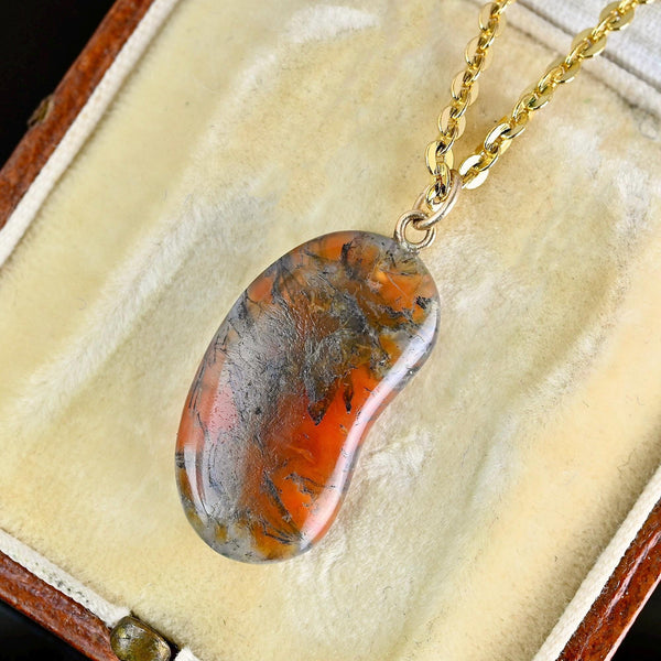 Vintage Moss Agate Lucky Bean Pendant in 9K Gold