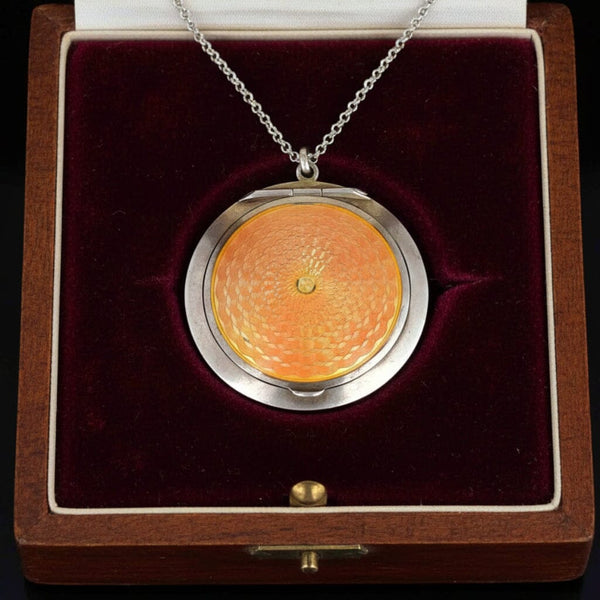 Art Deco Silver Guilloche Enamel Powder Compact Pendant
