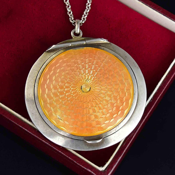Art Deco Silver Guilloche Enamel Powder Compact Pendant - Boylerpf