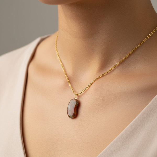 Vintage Moss Agate Lucky Bean Pendant in 9K Gold