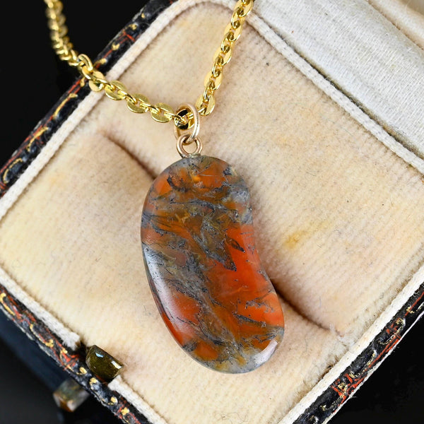 Vintage Moss Agate Lucky Bean Pendant in 9K Gold