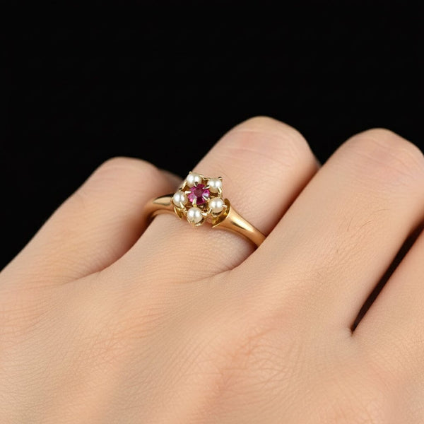 Antique Gold Pearl Cluster Ruby Solitaire Ring
