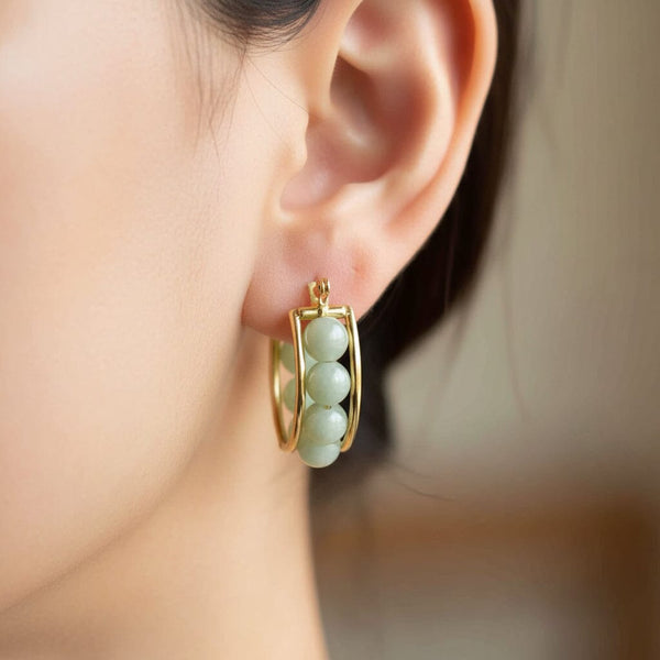 Vintage 14K Gold Jade Ball Hoop Earrings