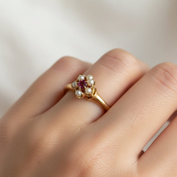 Antique Gold Pearl Cluster Ruby Solitaire Ring