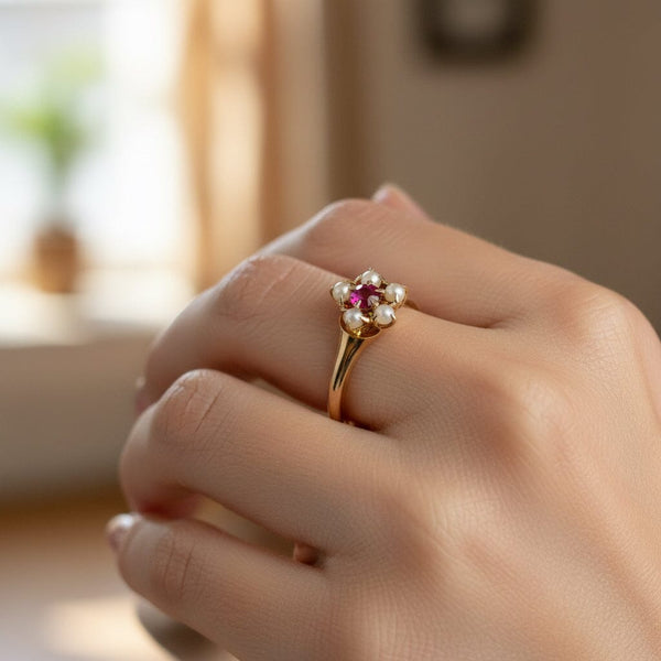 Antique Gold Pearl Cluster Ruby Solitaire Ring