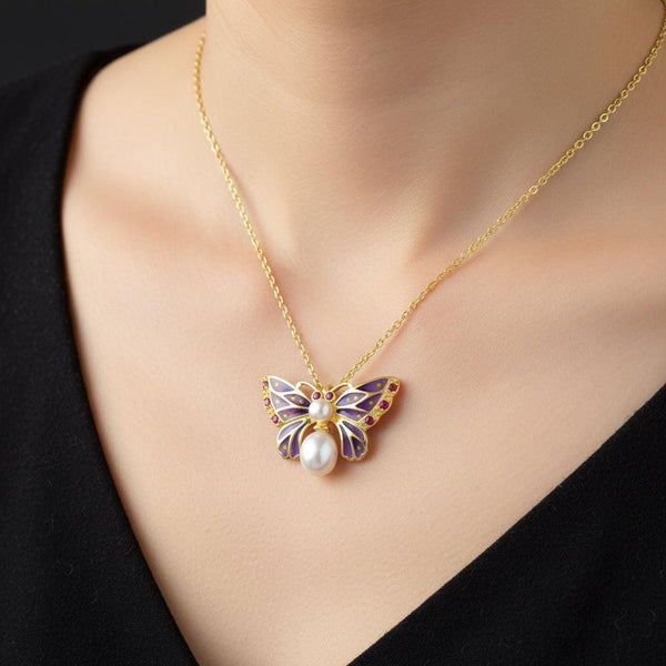 Plique a Jour Enamel Pearl Ruby Butterfly Brooch Pendant