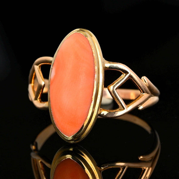 Gold Marquise Cabochon Natural Salmon Coral Ring - Boylerpf