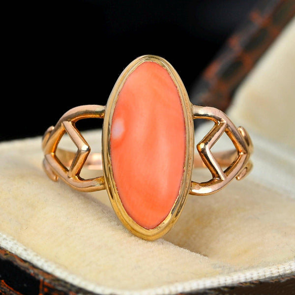 Gold Marquise Cabochon Natural Salmon Coral Ring - Boylerpf