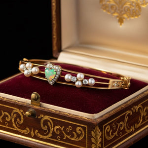 Antique Opal Heart Pearl Diamond Bracelet in 14K Gold - Boylerpf