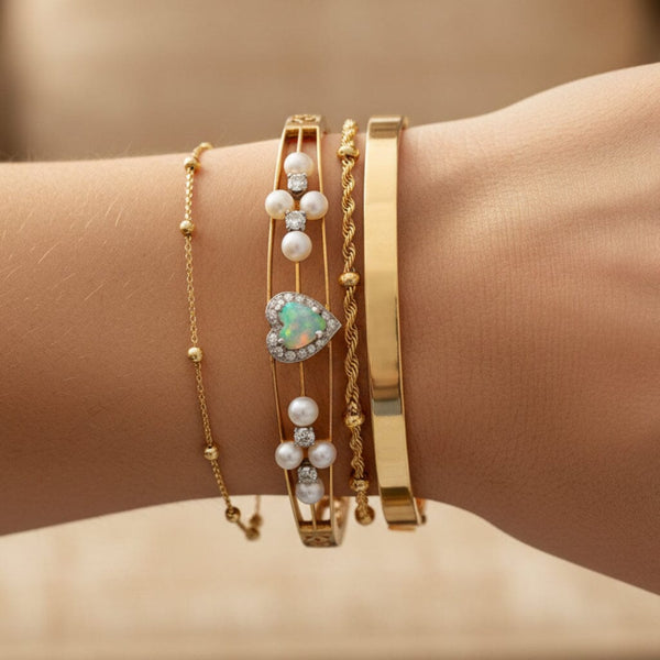 Antique Opal Heart Pearl Diamond Bracelet in 14K Gold - Boylerpf
