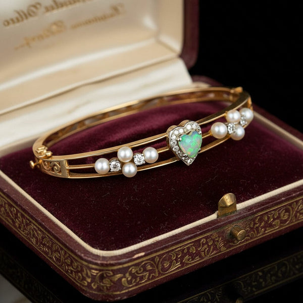 Antique Opal Heart Pearl Diamond Bracelet in 14K Gold - Boylerpf