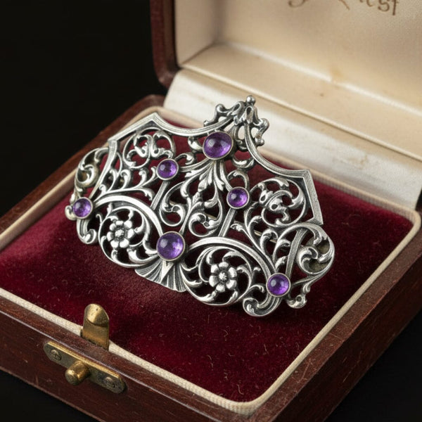 Antique Silver Cabochon Amethyst Brooch - Boylerpf