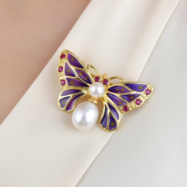 Plique a Jour Enamel Pearl Ruby Butterfly Brooch Pendant