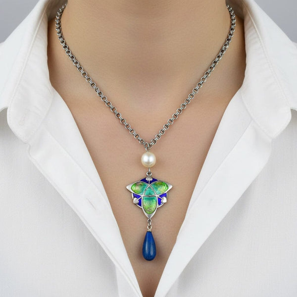 Art Nouveau Silver Enamel Pearl Lapis Lazuli Necklace