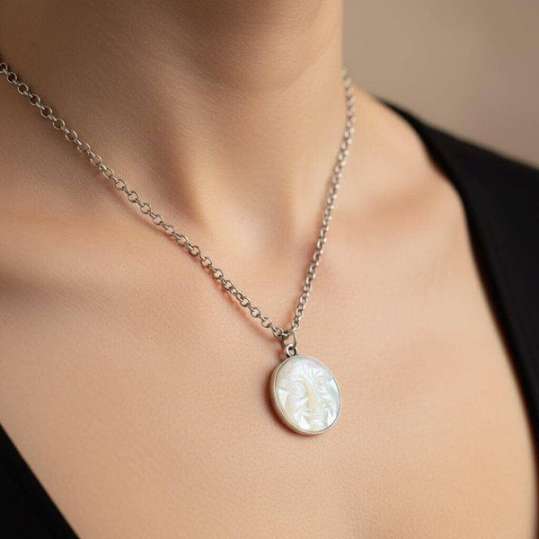 Art Deco Moon Face Necklace Silver Opalescent Charm - Boylerpf