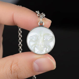 Silver Art Deco Opalescent Man in the Moon Pendant Necklace - Boylerpf