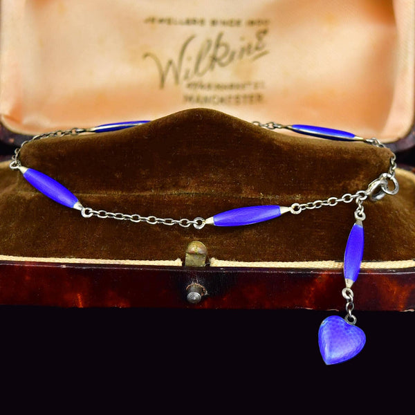Art Deco Sterling Silver Cobalt Blue Enamel Heart Bracelet