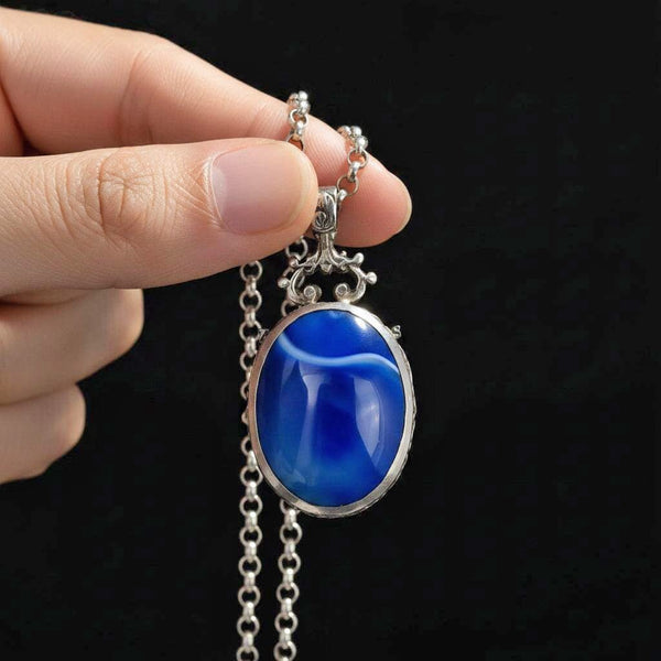 Antique Sterling Silver Blue Banded & Moss Agate Pendant - Boylerpf