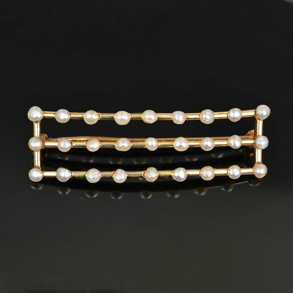 Edwardian Seed Pearl Bar Brooch in 14K Gold Antique - Boylerpf