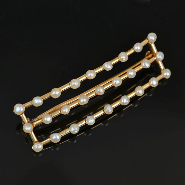 Edwardian Seed Pearl Bar Brooch in 14K Gold Antique - Boylerpf