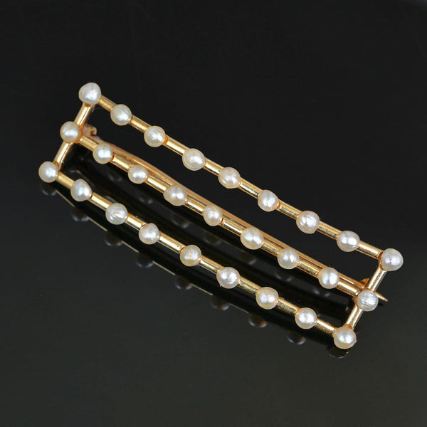 Edwardian Seed Pearl Bar Brooch in 14K Gold Antique - Boylerpf