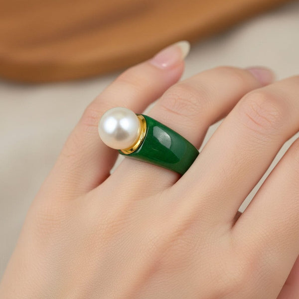 Vintage Jade Ring with 11mm Pearl Gold Vermeil Statement