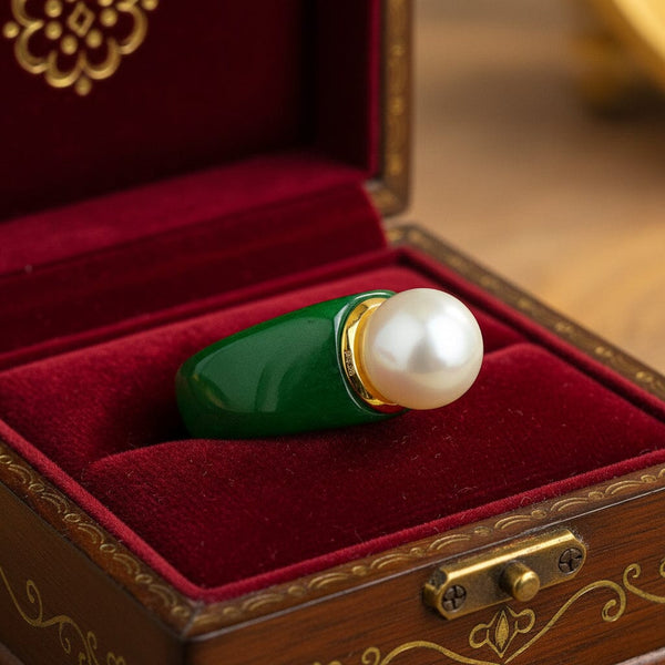 Vintage Jade Ring with 11mm Pearl Gold Vermeil Statement