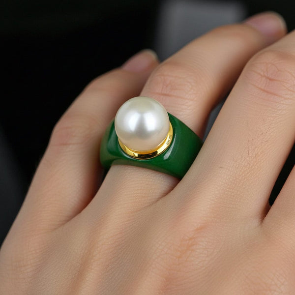 Vintage Jade Ring with 11mm Pearl Gold Vermeil Statement
