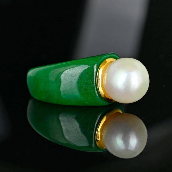 Vintage Jade Ring with 11mm Pearl Gold Vermeil Statement
