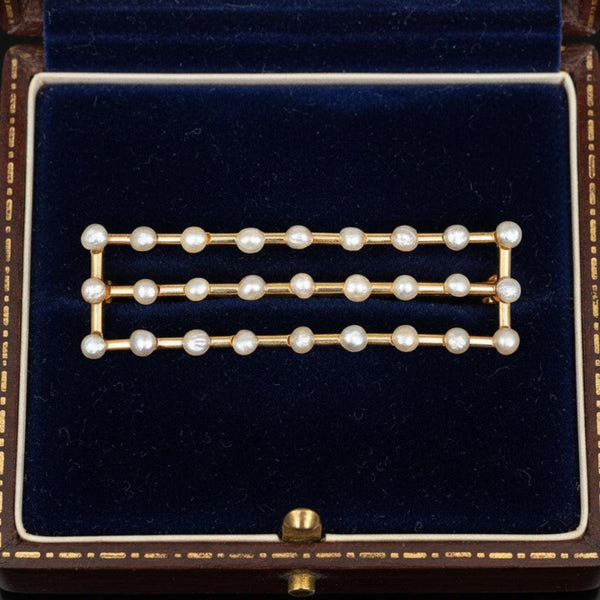 Edwardian Seed Pearl Bar Brooch in 14K Gold Antique - Boylerpf