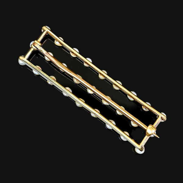 Edwardian Seed Pearl Bar Brooch in 14K Gold Antique - Boylerpf