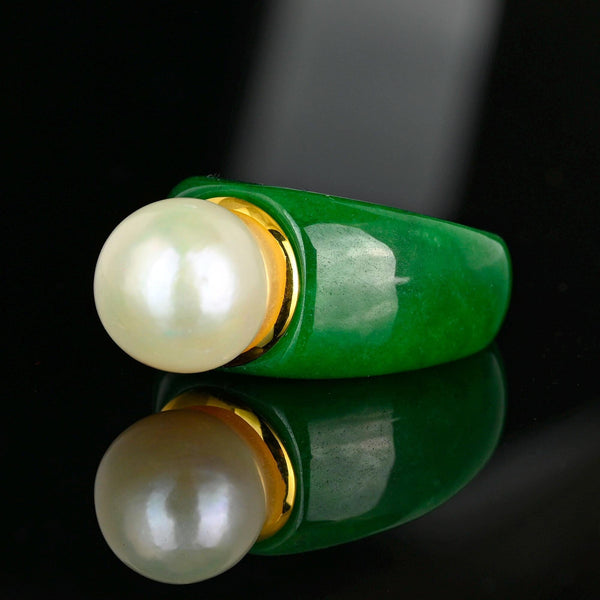 Vintage Jade Ring with 11mm Pearl Gold Vermeil Statement