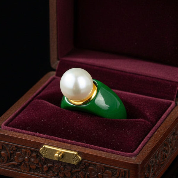 Vintage Jade Ring with 11mm Pearl Gold Vermeil Statement