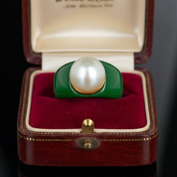 Vintage Jade Ring with 11mm Pearl Gold Vermeil Statement