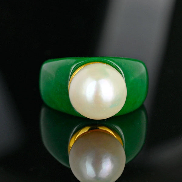 Vintage Jade Ring with 11mm Pearl Gold Vermeil Statement
