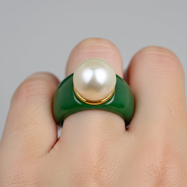 Vintage Jade Ring with 11mm Pearl Gold Vermeil Statement
