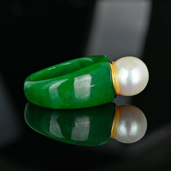Vintage Jade Ring with 11mm Pearl Gold Vermeil Statement