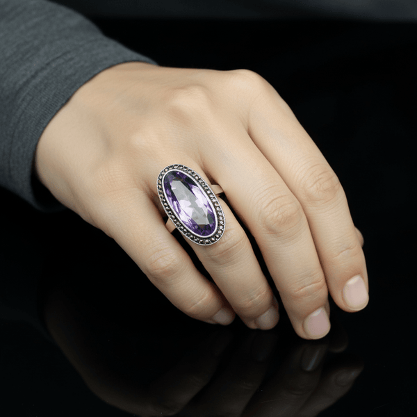 Art Deco Style Silver Marcasite Halo Amethyst Ring