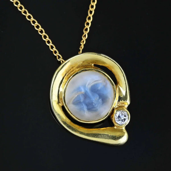 Diamond 18K Gold Man In The Moon Moonstone Pendant - Boylerpf