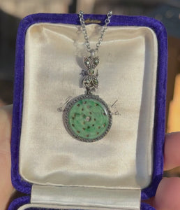 Vintage Art Deco Jade Marcasite Sterling Silver Necklace - Boylerpf