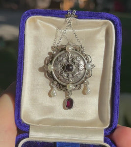 Antique Arts & Crafts Garnet Pearl Sterling Silver Necklace - Boylerpf