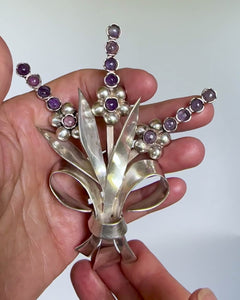 Fred Davis Amethyst Sterling Silver Floral Brooch 1940s - Boylerpf