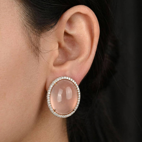 18K Rose Gold Rose Quartz Diamond Halo Earrings