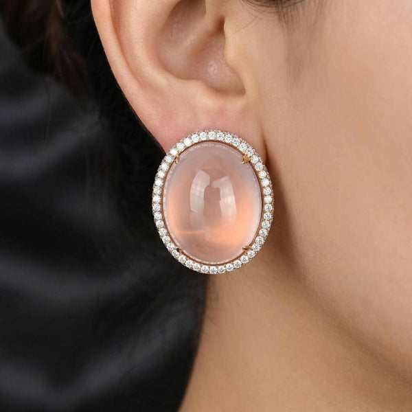 18K Rose Gold Rose Quartz Diamond Halo Earrings
