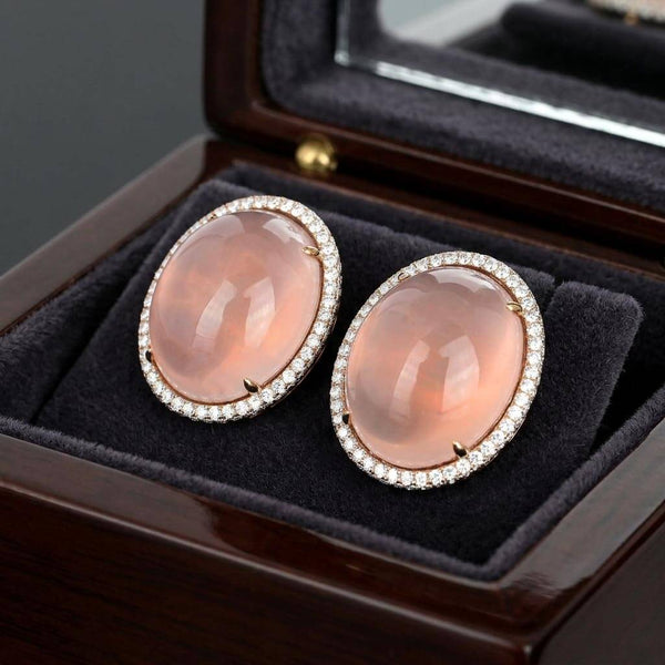 18K Rose Gold Rose Quartz Diamond Halo Earrings