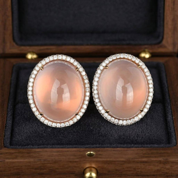 18K Rose Gold Rose Quartz Diamond Halo Earrings