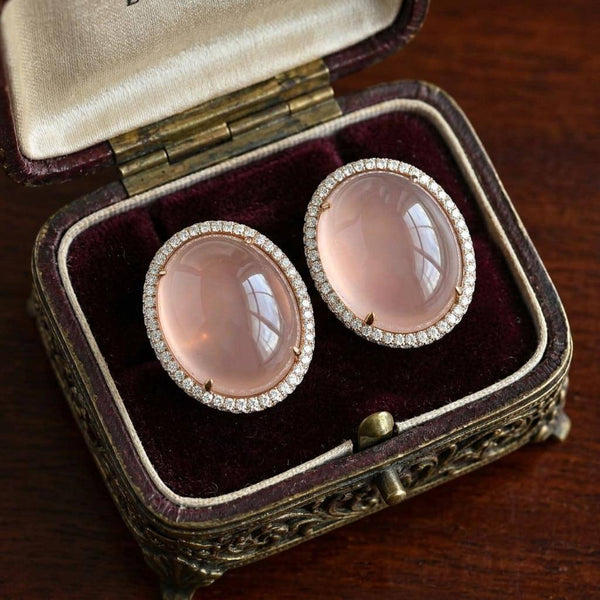 18K Rose Gold Rose Quartz Diamond Halo Earrings