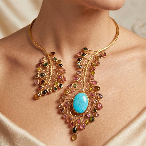 Gold Vermeil Natural Tourmaline Peacock Bib Necklace