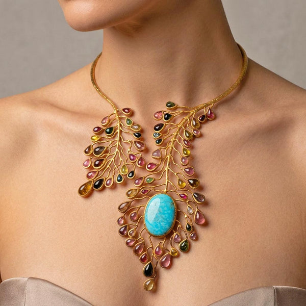 Gold Vermeil Natural Tourmaline Peacock Bib Necklace