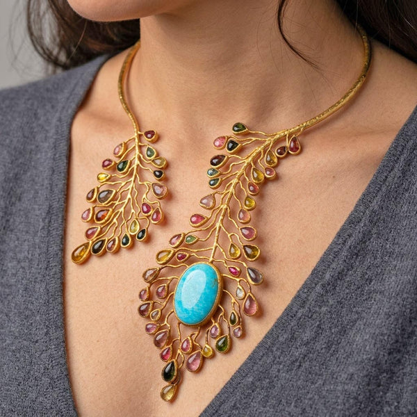 Gold Vermeil Natural Tourmaline Peacock Bib Necklace